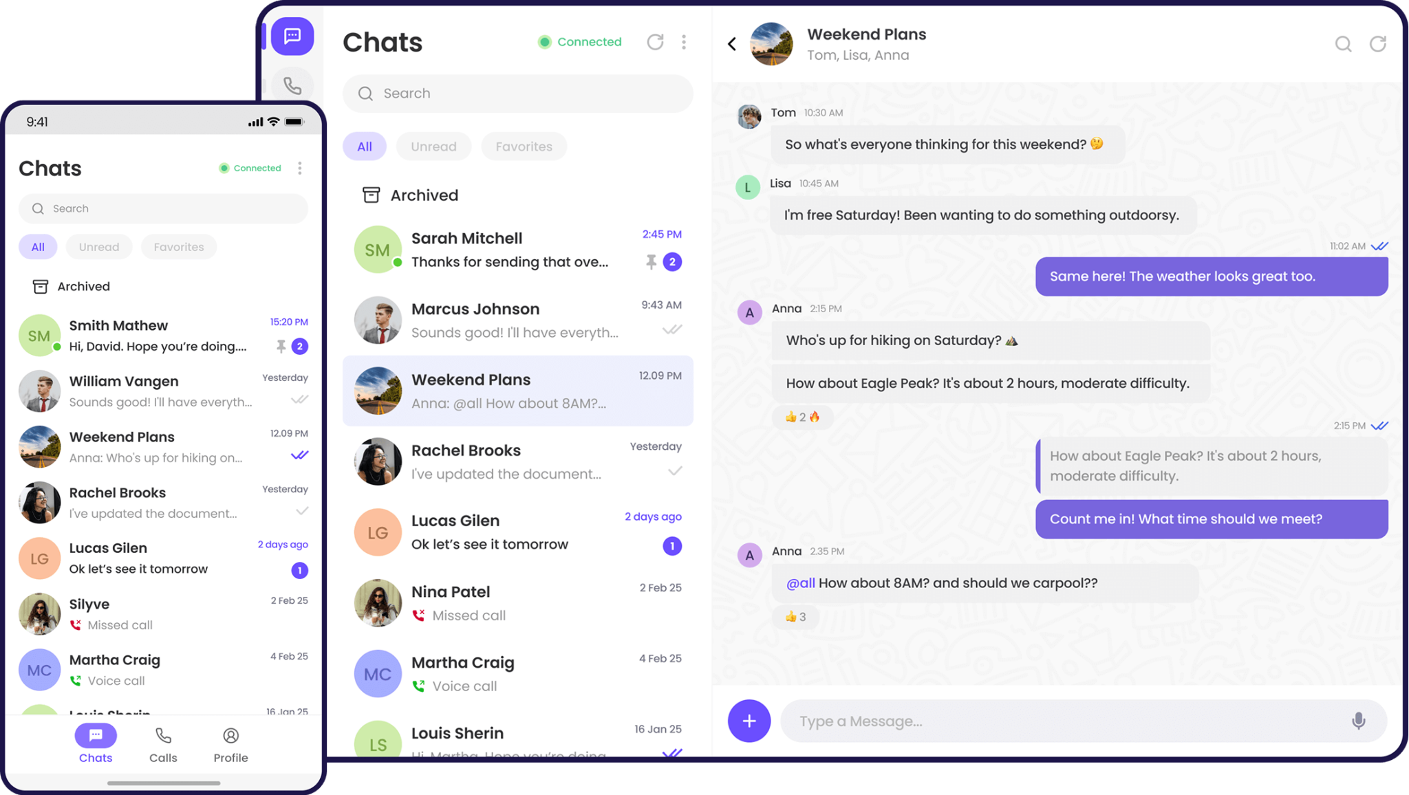 HushChat application interface showing team conversations
